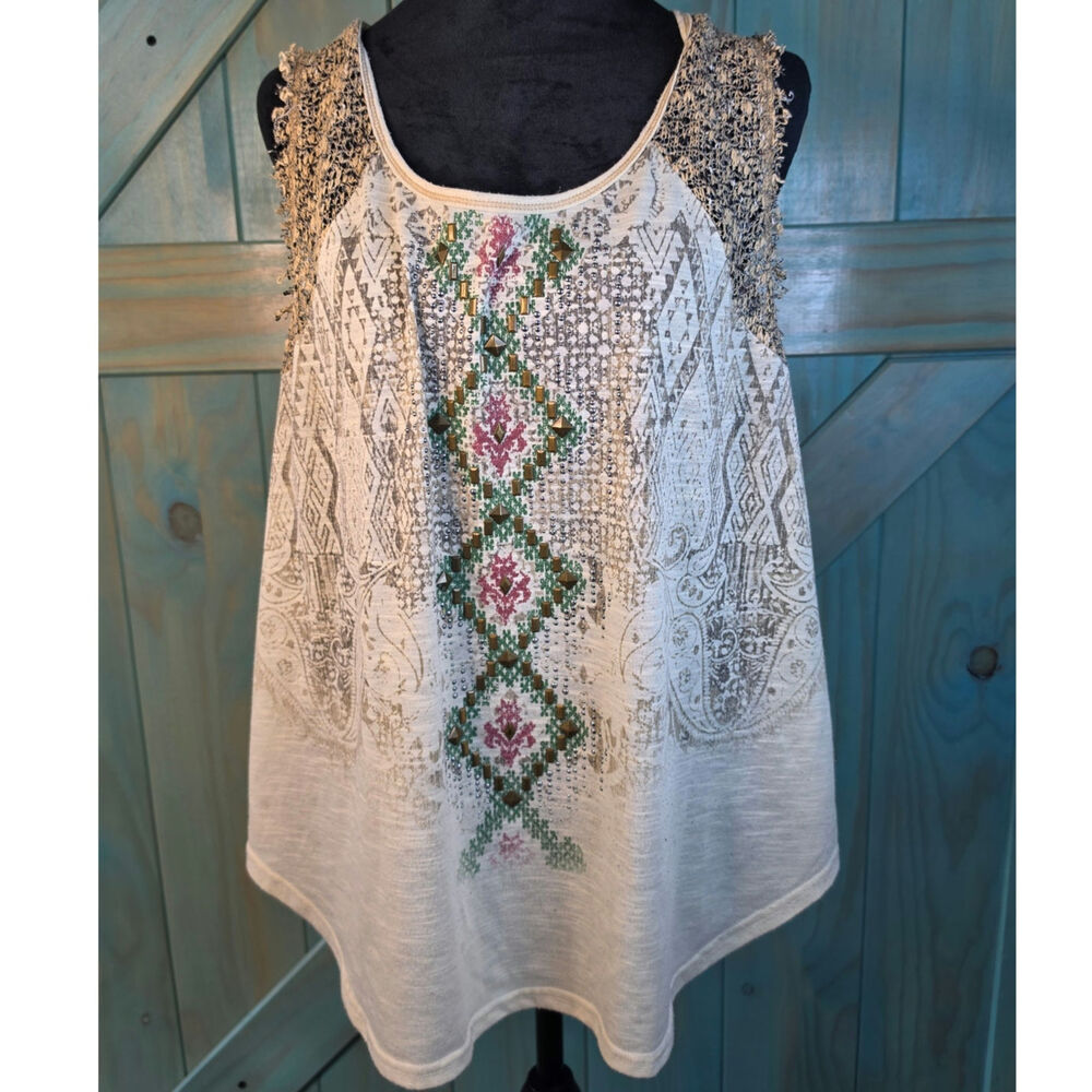 Miss Me Tank Vertical Aztec Diamond Pattern Colorful Rivet Beads Semi Sheer Lace